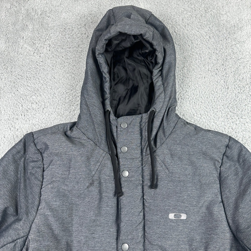 Oakley Hooded Insulated Jacket Mens Medium Gray Snap Front Full Zip Parka Coat - Picture 2 of 14